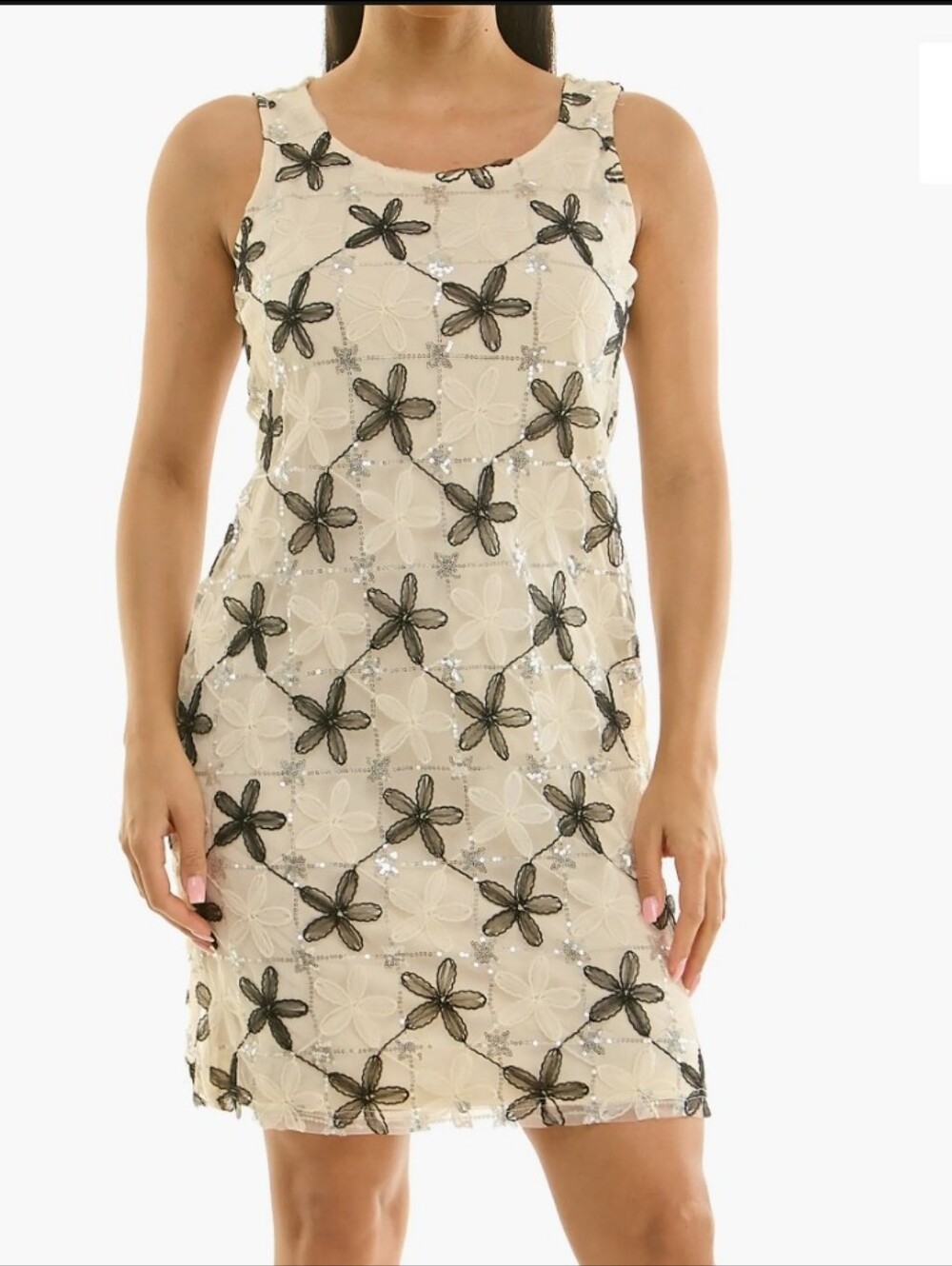 Nina Leonard Embroidered Floral Sheath Dress in Cream/Black Sz Med NWT